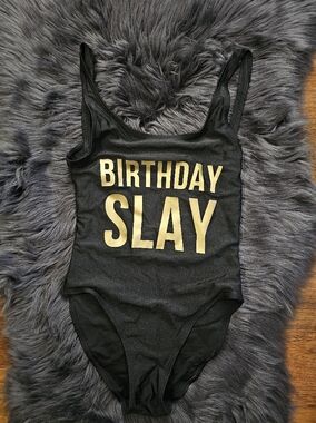 Birthday Slay Gold-Print Black Swimsuit